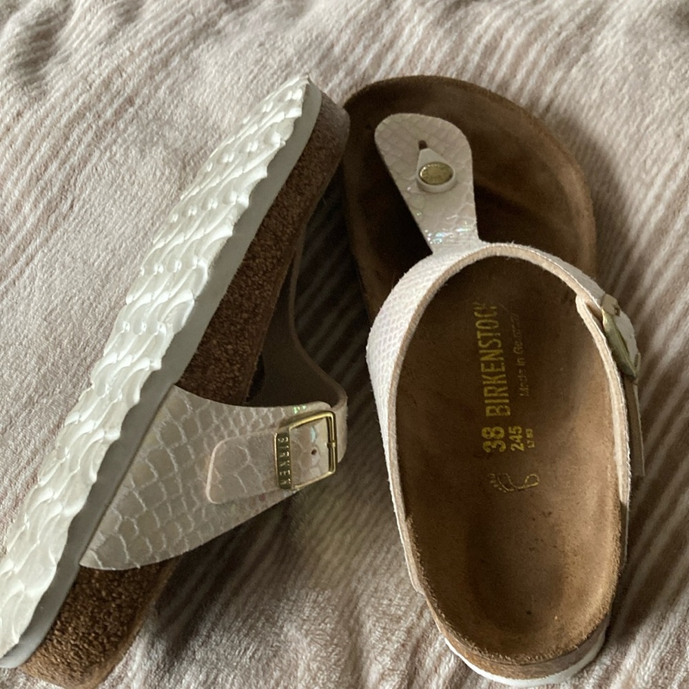 Shiny white Birkenstock sandals, size 38